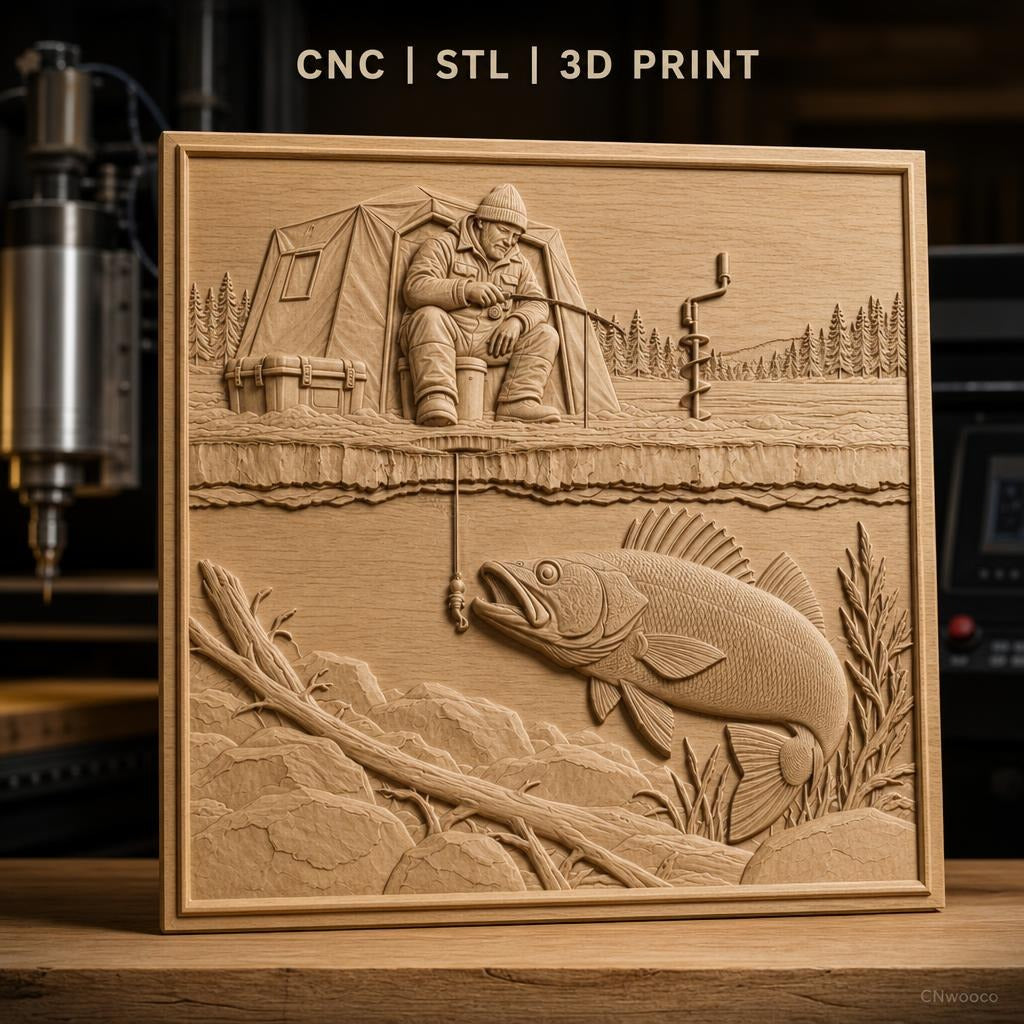 Fichier CNC & impression 3D pêche blanche, homme avec tente et poisson sous glace, haute qualité relief STL