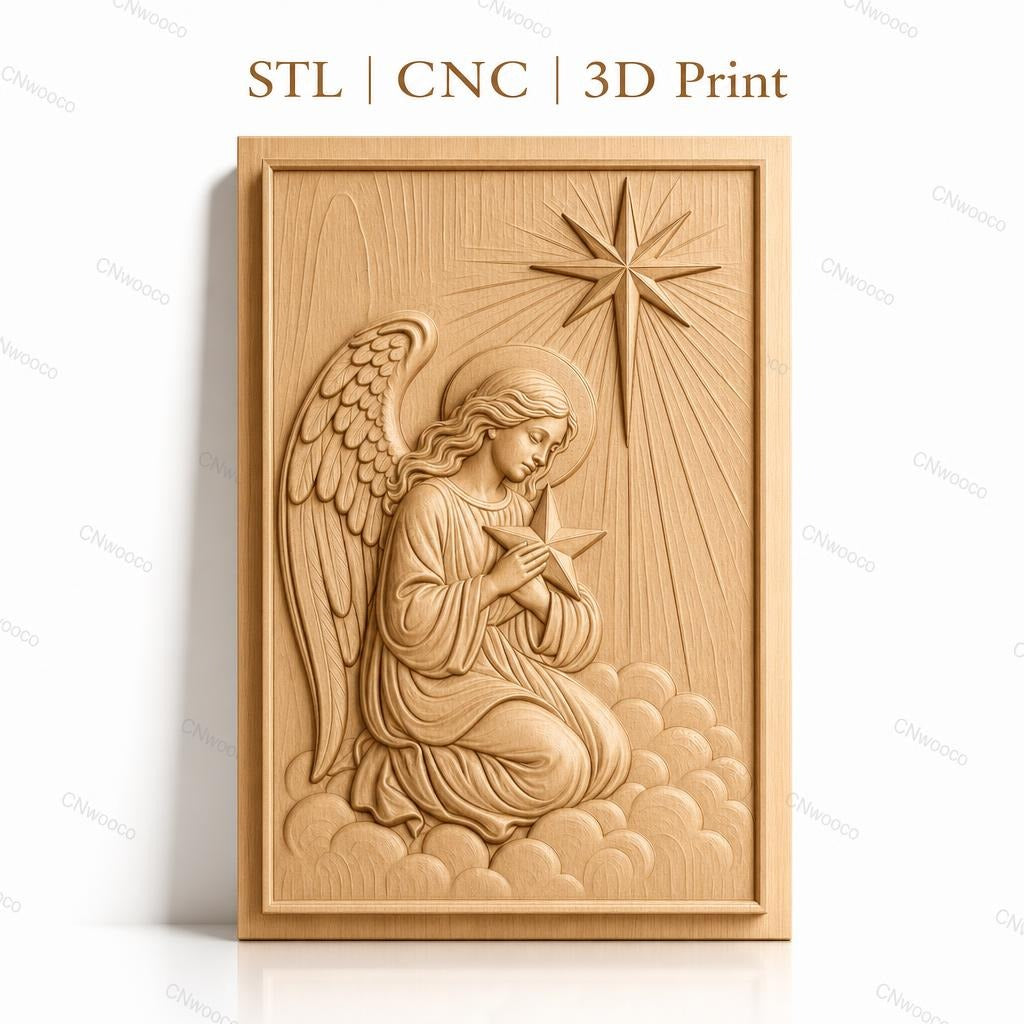 Fichier CNC & impression 3D ange agenouillé, étoile et nuages, haute qualité relief STL