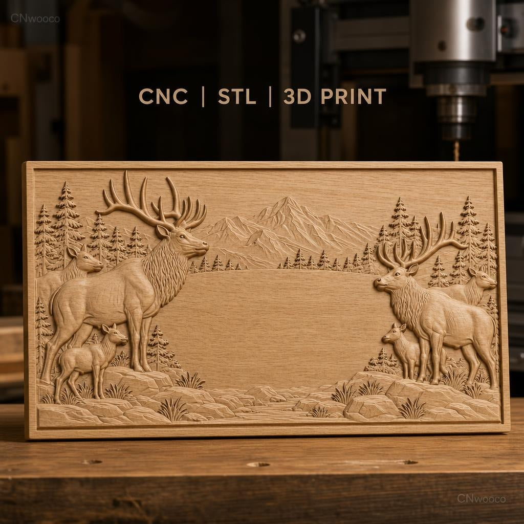 Fichier CNC & impression 3D cerfs et faons en forêt avec montagne en arrière-plan, haute qualité relief STL