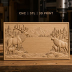 Fichier CNC & impression 3D cerfs et faons en forêt avec montagne en arrière-plan, haute qualité relief STL