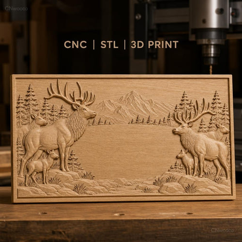 Fichier CNC & impression 3D cerfs et faons en forêt avec montagne en arrière-plan, haute qualité relief STL