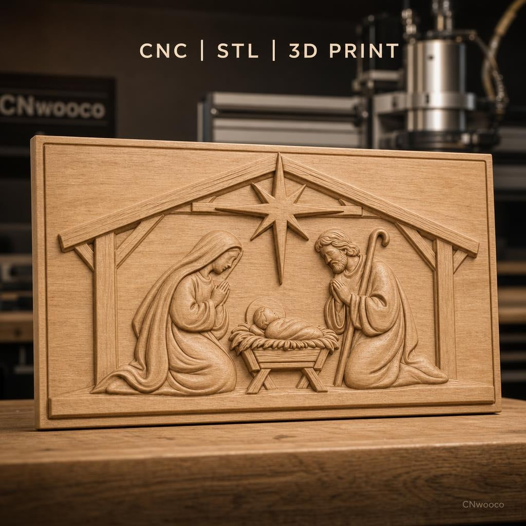 Fichier CNC & impression 3D scène de la Nativité, crèche avec Marie Joseph et bébé Jésus, haute qualité relief STL
