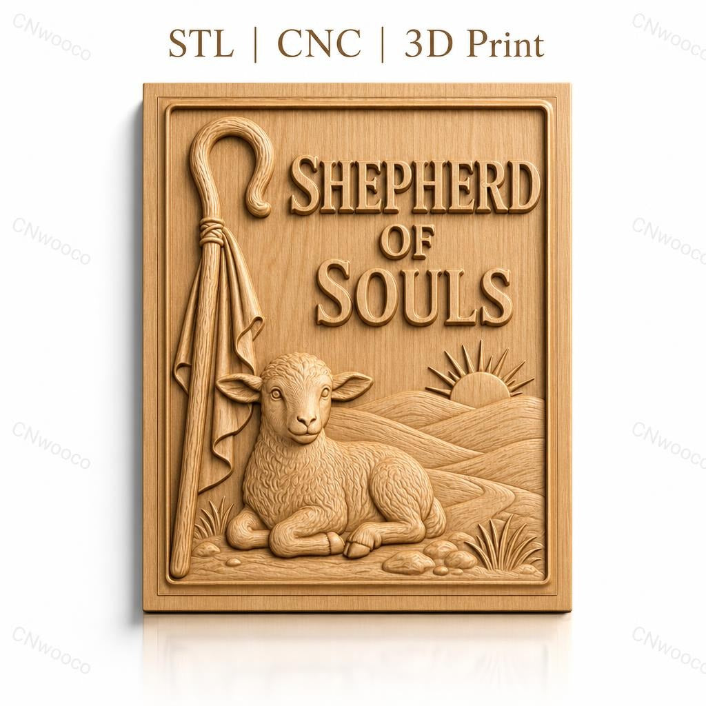 Fichier CNC & impression 3D berger d'âmes, agneau, bâton de berger et lever de soleil, haute qualité relief STL
