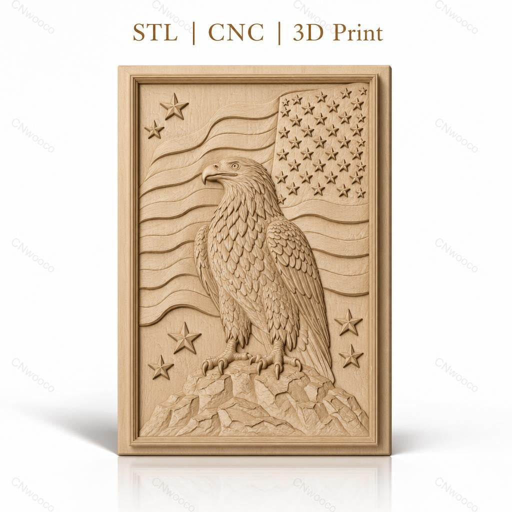 Fichier CNC & impression 3D aigle américain avec drapeau et étoiles, haute qualité relief STL