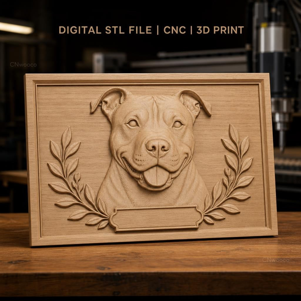 Fichier CNC & impression 3D portrait de chien American Staffordshire avec cadre et feuilles, haute qualité relief STL