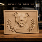Fichier CNC & impression 3D portrait de chien American Staffordshire avec cadre et feuilles, haute qualité relief STL