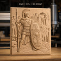 Fichier CNC & impression 3D guerrier romain avec bouclier décoré et lance, château en arrière-plan haute qualité relief STL