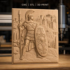 Fichier CNC & impression 3D guerrier romain avec bouclier décoré et lance, château en arrière-plan haute qualité relief STL