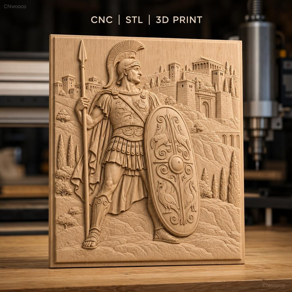 Fichier CNC & impression 3D guerrier romain avec bouclier décoré et lance, château en arrière-plan haute qualité relief STL