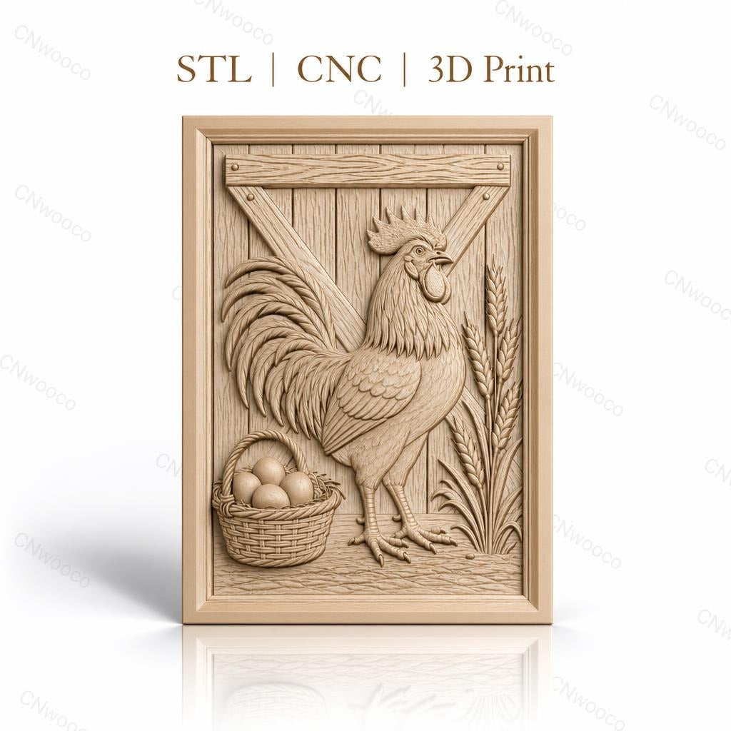 Fichier CNC & impression 3D coq, panier d'œufs et épis de blé, haute qualité relief STL