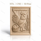 Fichier CNC & impression 3D coq, panier d'œufs et épis de blé, haute qualité relief STL