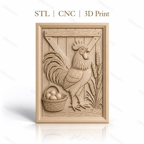 Fichier CNC & impression 3D coq, panier d'œufs et épis de blé, haute qualité relief STL