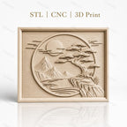 Fichier CNC & impression 3D paysage japonais, montagne, arbre bonsaï, rivière, haute qualité relief STL