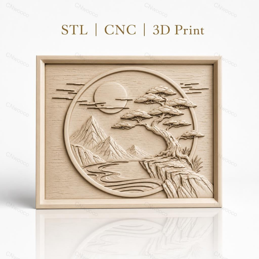 Fichier CNC & impression 3D paysage japonais, montagne, arbre bonsaï, rivière, haute qualité relief STL