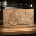 Fichier CNC & impression 3D Lion et agneau, paysage montagneux avec étoile, haute qualité relief STL