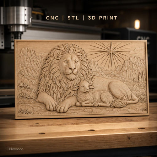 Fichier CNC & impression 3D Lion et agneau, paysage montagneux avec étoile, haute qualité relief STL