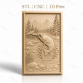 Fichier CNC & impression 3D pêche à la truite, rivière, chalet, montagne, arbres, haute qualité relief STL