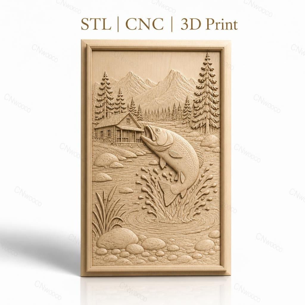 Fichier CNC & impression 3D pêche à la truite, rivière, chalet, montagne, arbres, haute qualité relief STL