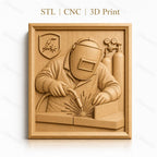 Fichier CNC & impression 3D Soudeur avec casque, poste à souder et étincelles, haute qualité relief STL