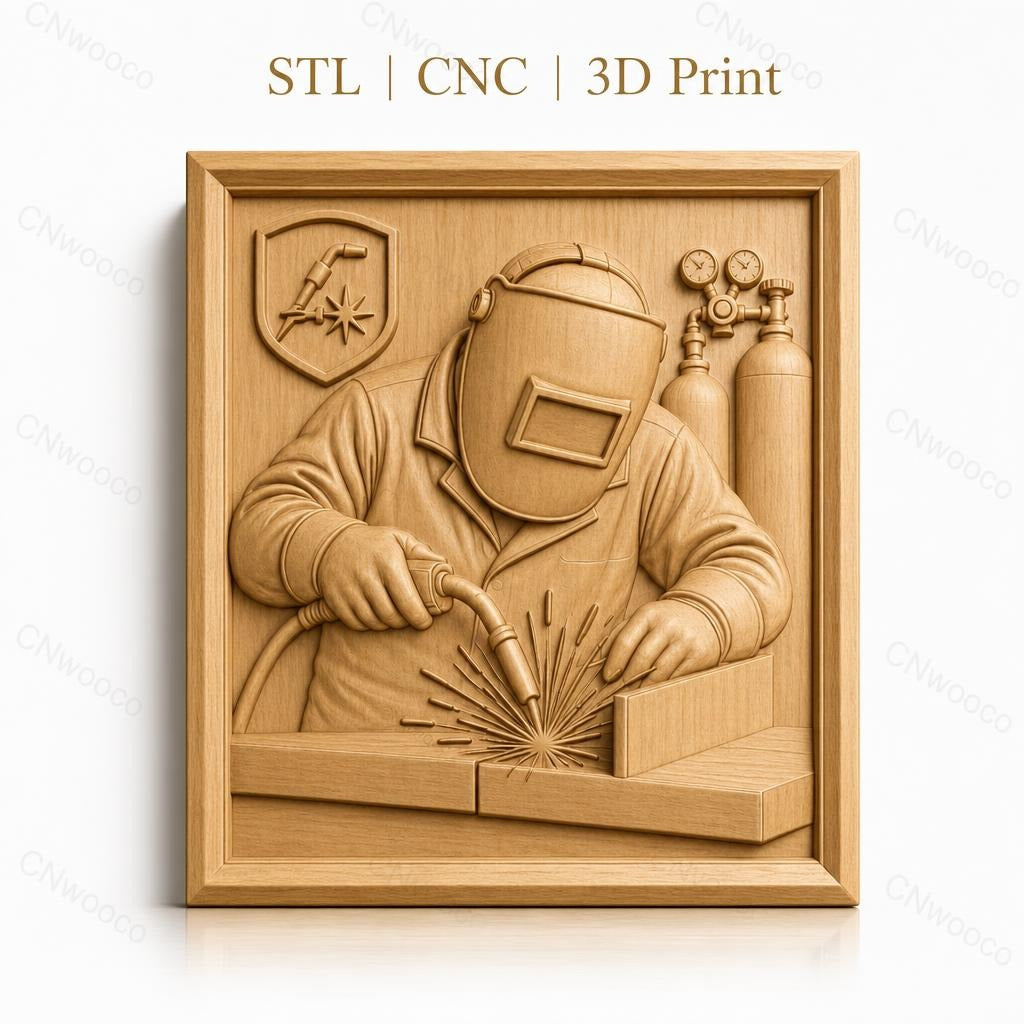 Fichier CNC & impression 3D Soudeur avec casque, poste à souder et étincelles, haute qualité relief STL