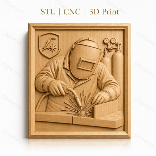 Fichier CNC & impression 3D Soudeur avec casque, poste à souder et étincelles, haute qualité relief STL