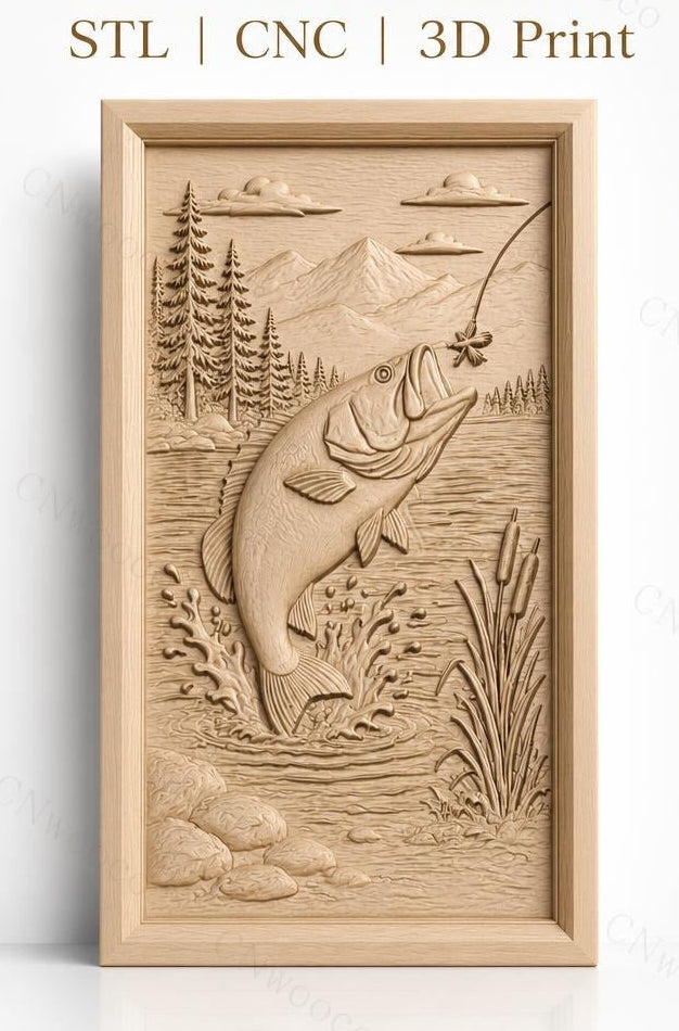 Fichier CNC & impression 3D poisson sautant, paysage nature, montagnes, arbres et eau, haute qualité relief STL