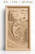 Fichier CNC & impression 3D poisson sautant, paysage nature, montagnes, arbres et eau, haute qualité relief STL