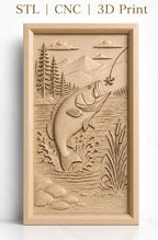 Fichier CNC & impression 3D poisson sautant, paysage nature, montagnes, arbres et eau, haute qualité relief STL