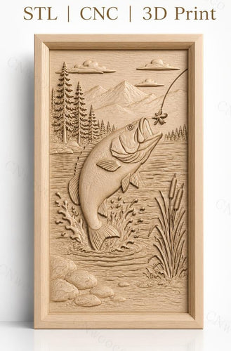 Fichier CNC & impression 3D poisson sautant, paysage nature, montagnes, arbres et eau, haute qualité relief STL