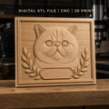 Fichier CNC & impression 3D chat British Shorthair, visage de chat avec feuilles décoratives, haute qualité relief STL