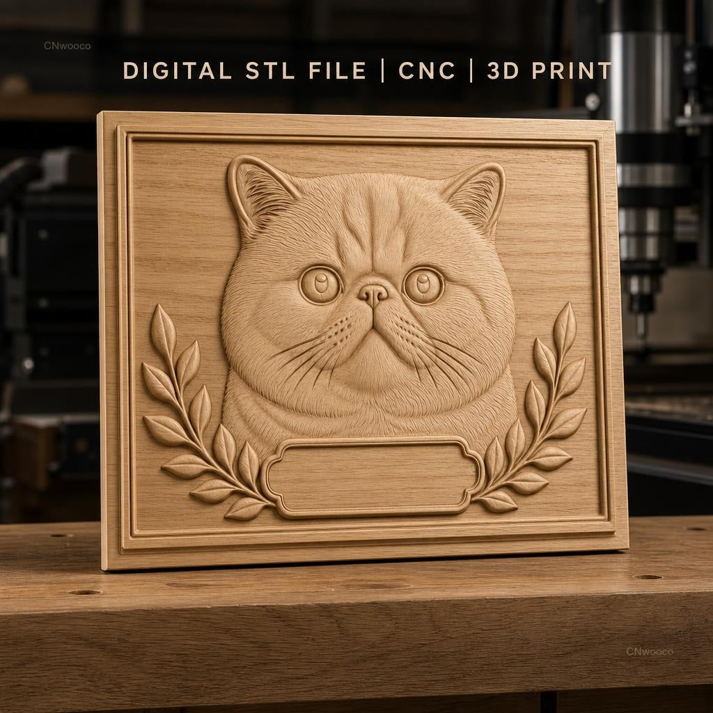 Fichier CNC & impression 3D chat British Shorthair, visage de chat avec feuilles décoratives, haute qualité relief STL