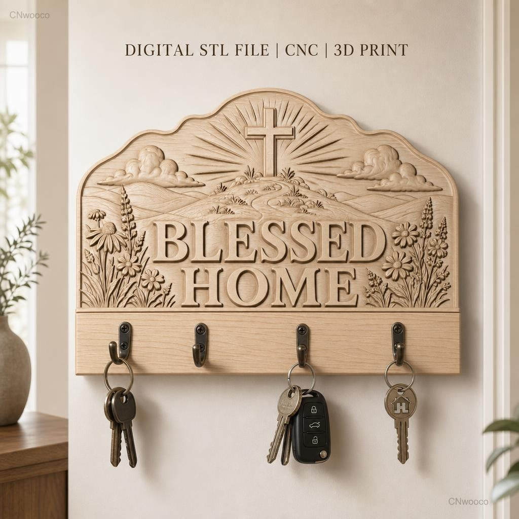 Fichier CNC porte-clés mural plaque murale décorative Blessed Home avec croix et fleurs, STL très haute qualité