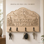Fichier CNC porte-clés mural plaque murale décorative Blessed Home avec croix et fleurs, STL très haute qualité