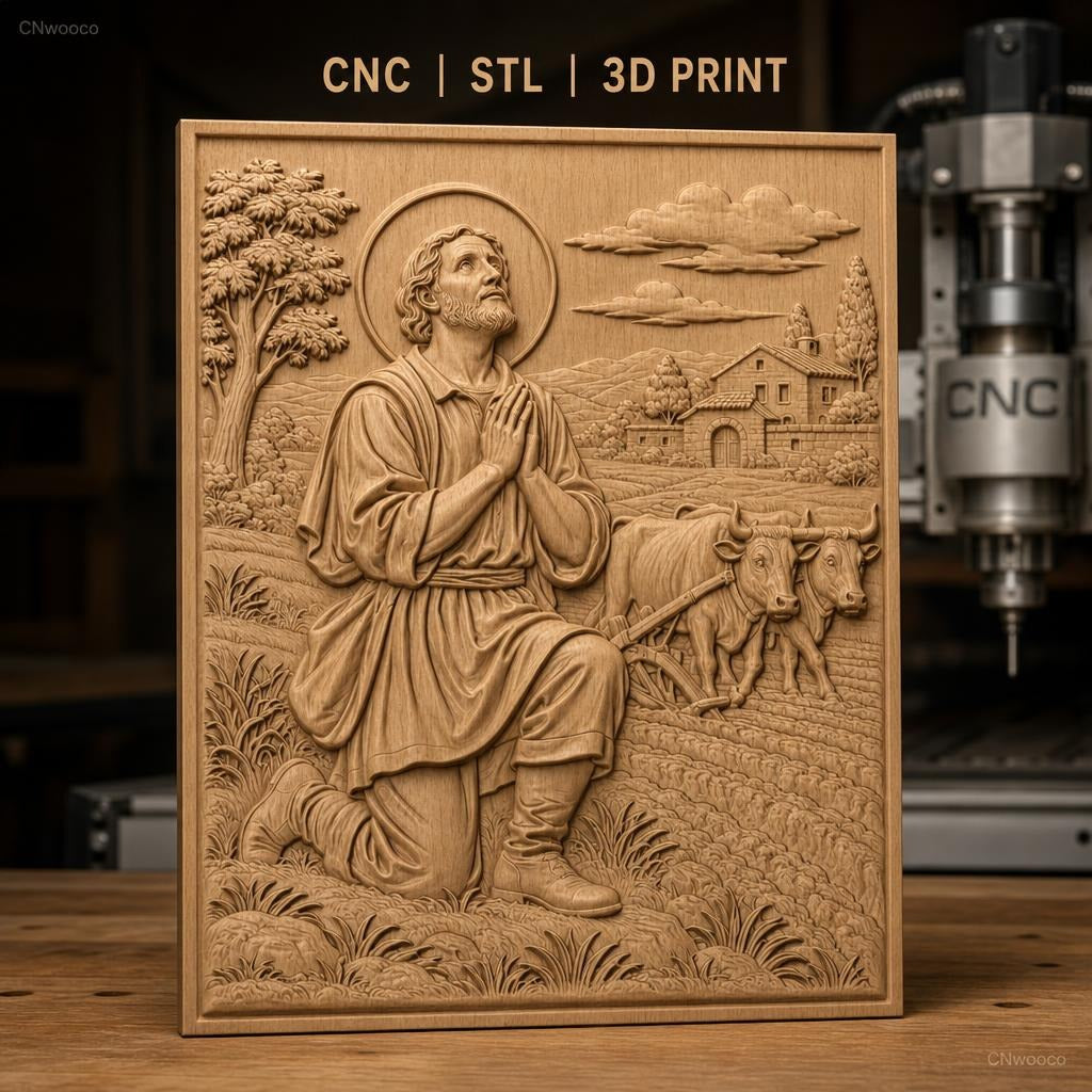 Fichier CNC & impression 3D scène religieuse, homme en prière devant bœufs au champ, haute qualité relief STL