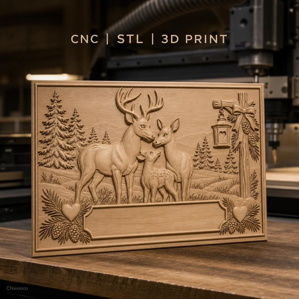 Fichier CNC & impression 3D famille de cerfs, forêt, coeur et lanterne, haute qualité relief STL