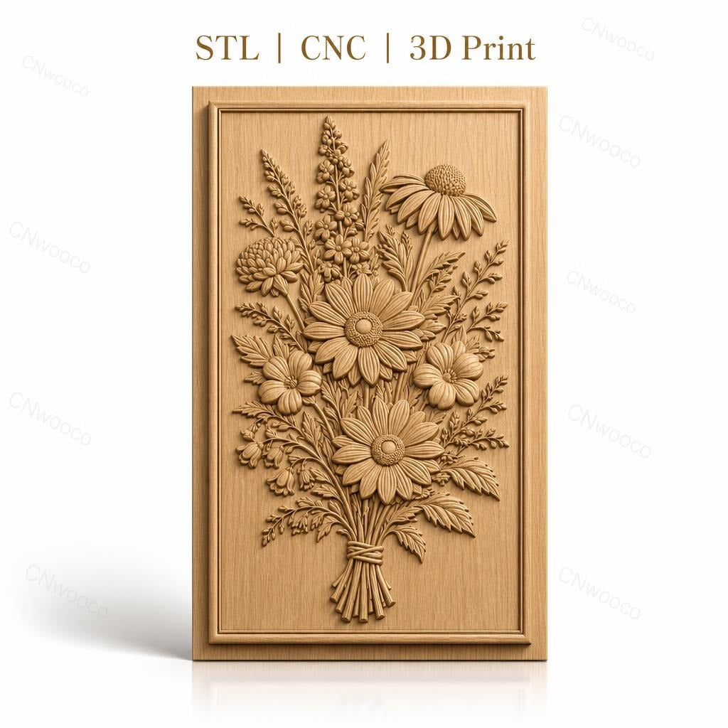 Fichier CNC & impression 3D bouquet de fleurs sauvages, marguerites et feuillages, haute qualité relief STL