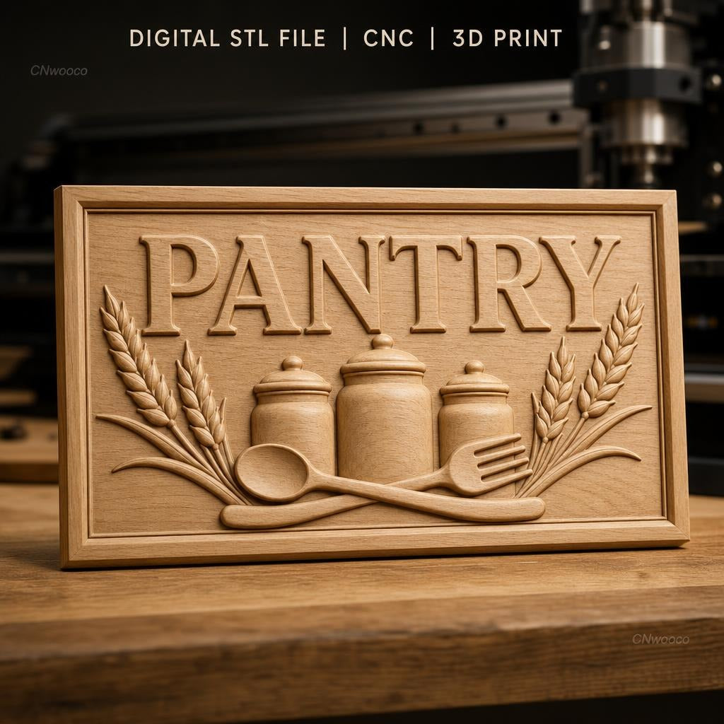 Fichier CNC & impression 3D panneau pantry, bocaux, couverts et épis de blé, haute qualité relief STL