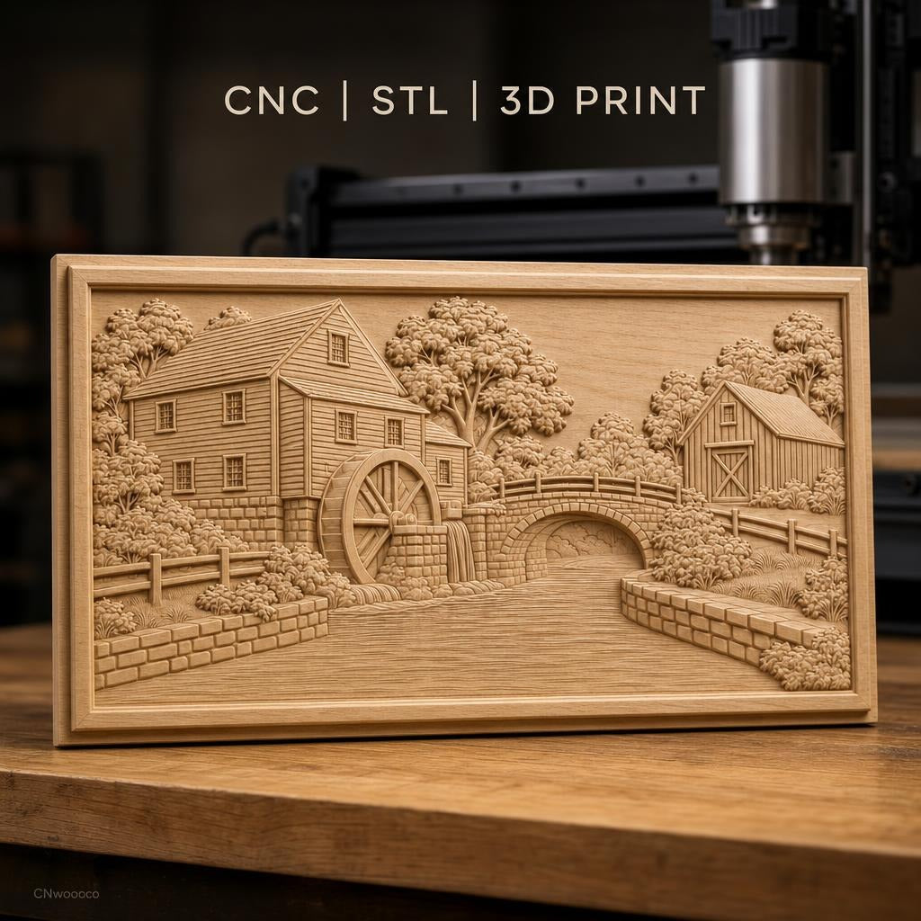 Fichier CNC & impression 3D moulin à eau, pont en pierre et rivière, haute qualité relief STL