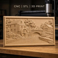 Fichier CNC & impression 3D moulin à eau, pont en pierre et rivière, haute qualité relief STL