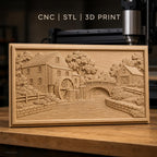 Fichier CNC & impression 3D moulin à eau, pont en pierre et rivière, haute qualité relief STL