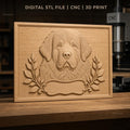 Fichier CNC & impression 3D chien terre-neuve, portrait relief avec feuilles décoratives, haute qualité relief STL