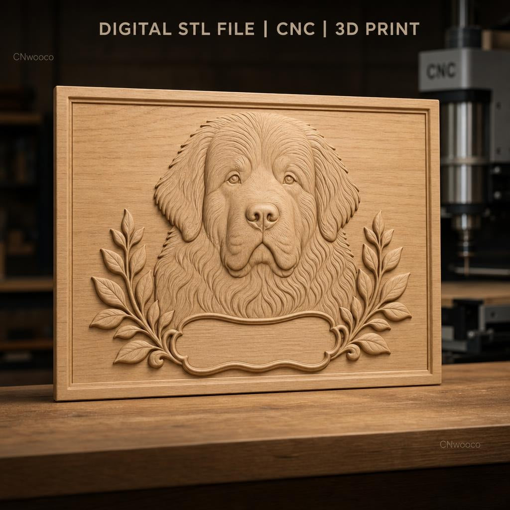 Fichier CNC & impression 3D chien terre-neuve, portrait relief avec feuilles décoratives, haute qualité relief STL