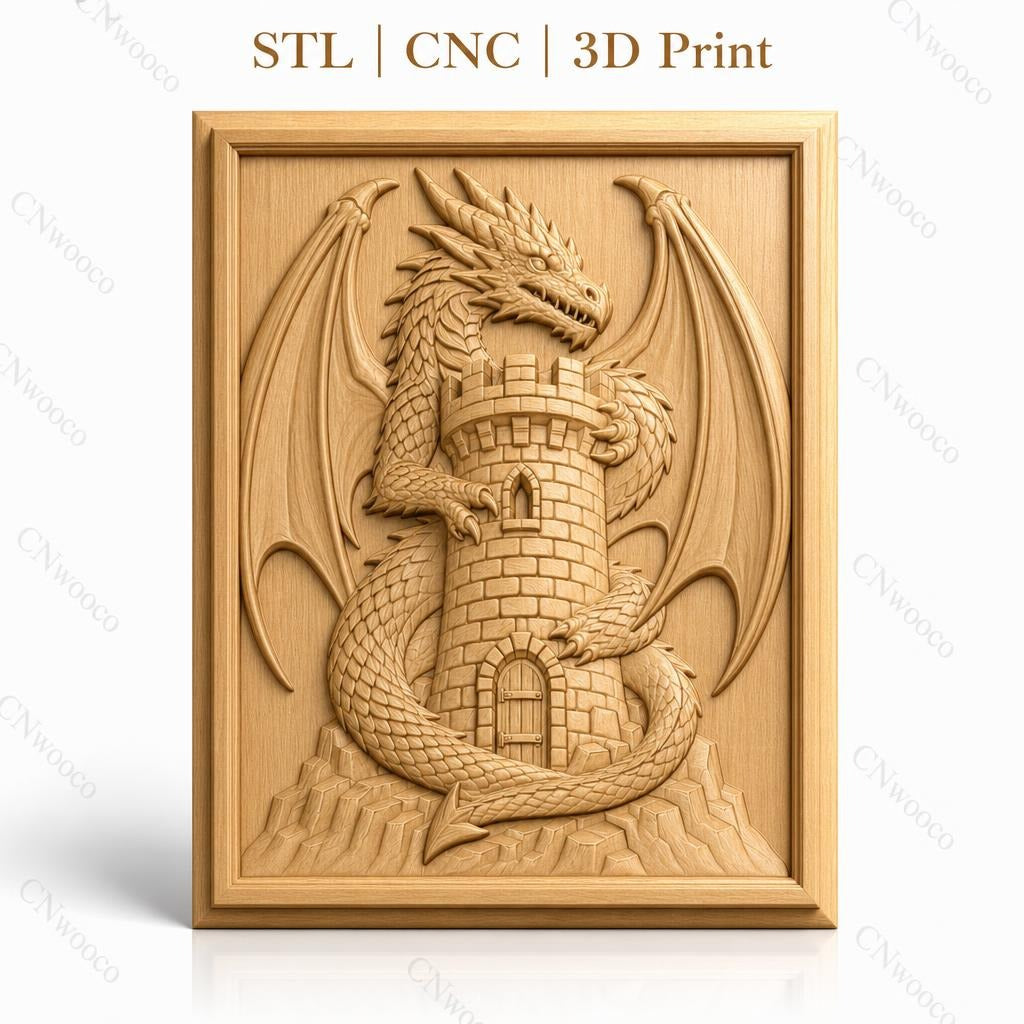 Fichier CNC & impression 3D dragon médiéval avec tour en pierre, haute qualité relief STL