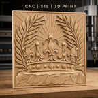 Fichier CNC & impression 3D couronne royale, feuilles de palmier, pierre texturée, haute qualité relief STL