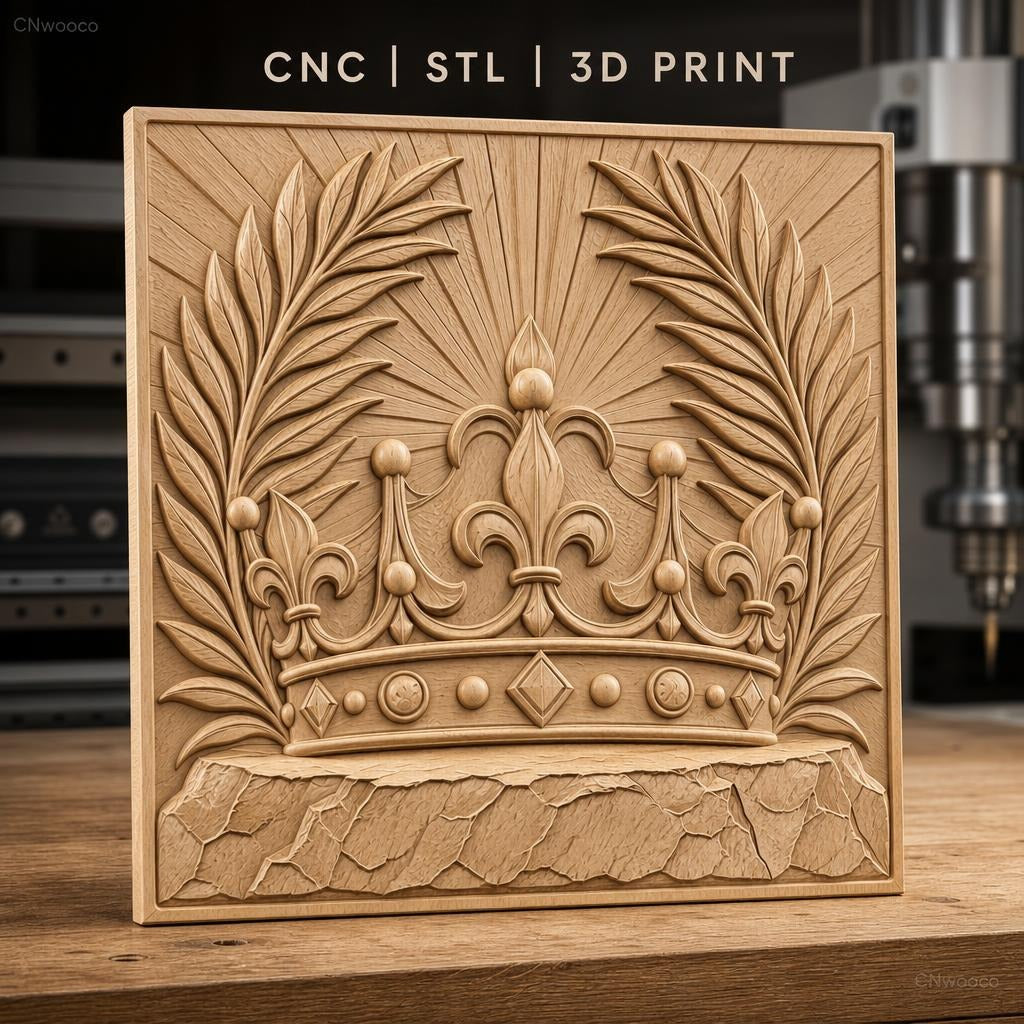 Fichier CNC & impression 3D couronne royale, feuilles de palmier, pierre texturée, haute qualité relief STL