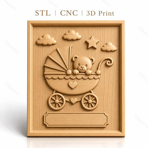 Fichier CNC & impression 3D bébé ours dans landau, nuages, étoile haute qualité relief STL