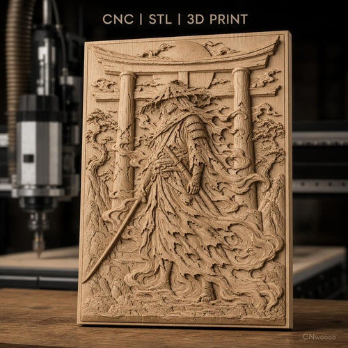 Fichier CNC & impression 3D Samouraï avec katana et torii, paysage japonais, haute qualité relief STL