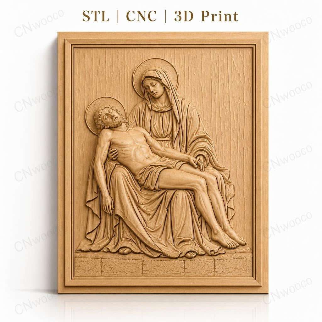 Fichier CNC & impression 3D Piéta, Vierge Marie tenant Jésus mort, haute qualité relief STL