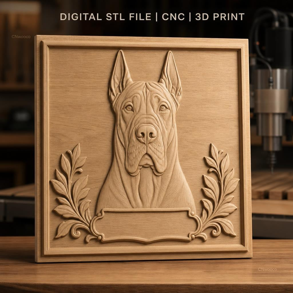 Fichier CNC & impression 3D chien dogue allemand portrait relief feuilles haute qualité relief STL