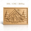 Fichier CNC & impression 3D Maison en pain d'épices, sapins, bonbons et cheminée, haute qualité relief STL